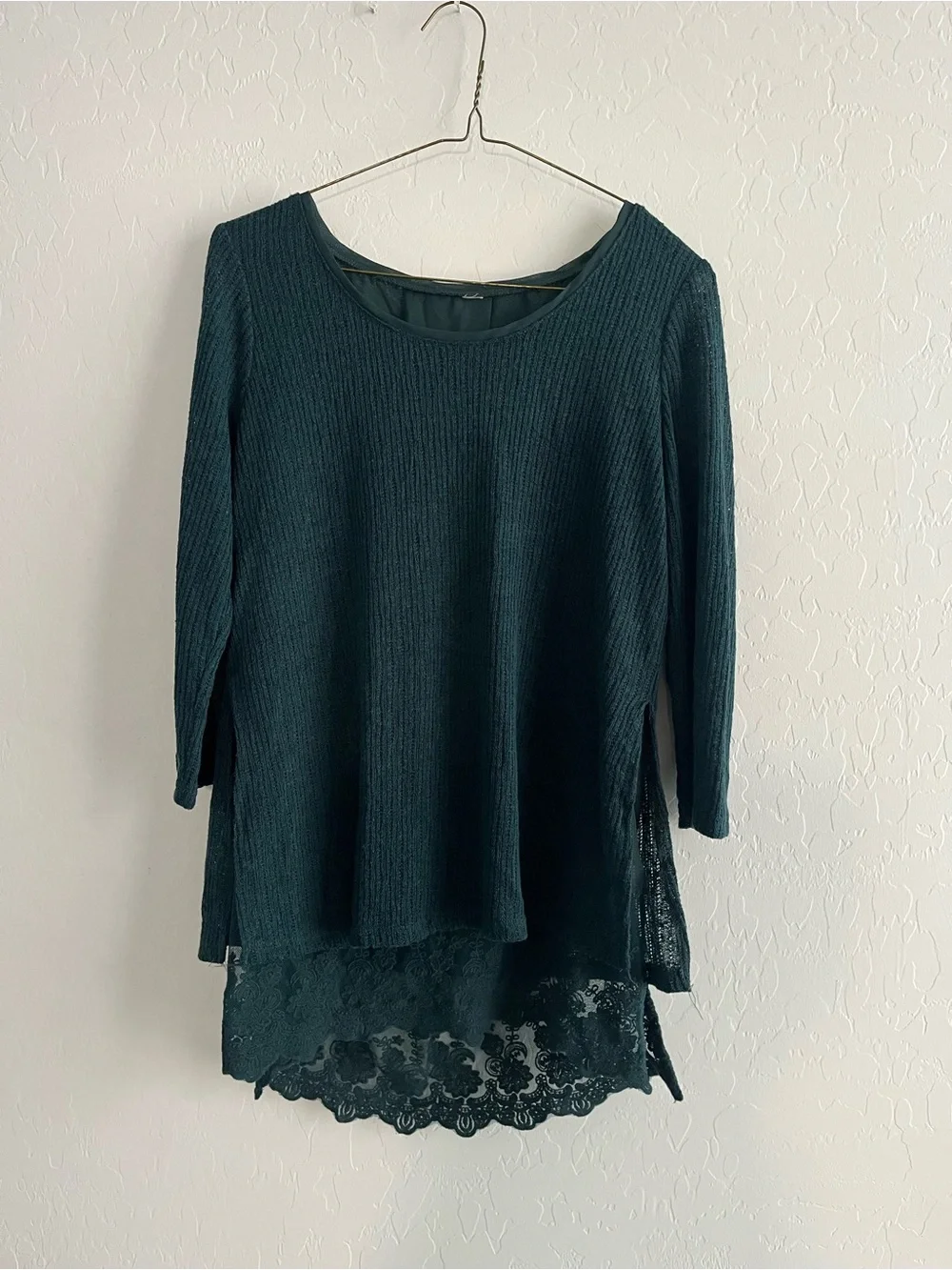 Dark Teal Knit Top with Lace Hem